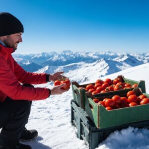 A man in a red jacket holds a tomato on a snowy mountain with crates of tomatoes nearby.